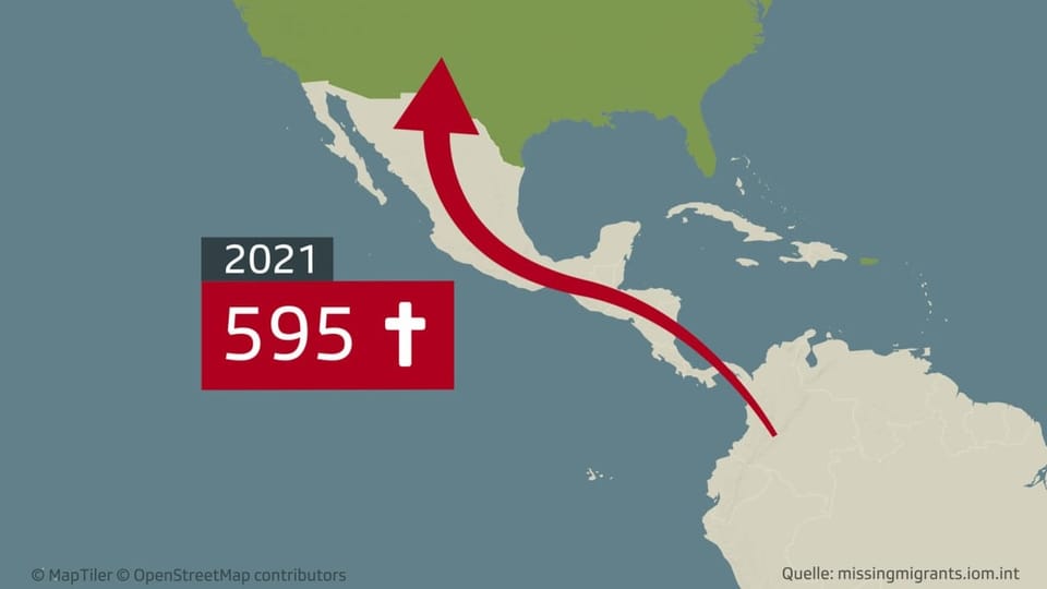 Karte von Zentralamerika mit den Fluchtbewegungen in Richtung USA. 595 Menschen starben auf der Route im Jahr 2021