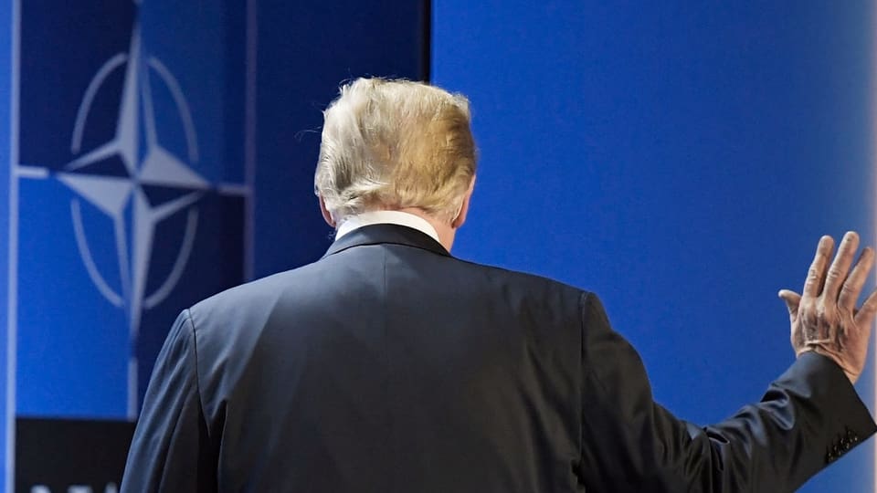 Trump von hinten vor Nato-Logo