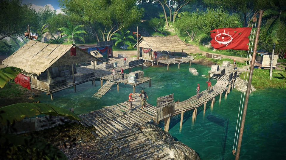 Ein Piratenstützpunkt mit roter Flagge und Stelzenhäusern.