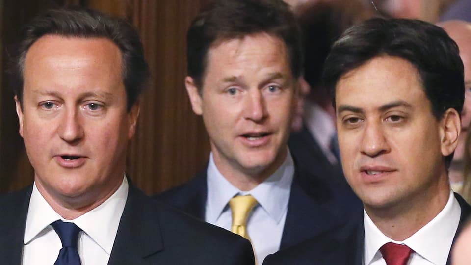  Cameron, Clegg und Miliband.