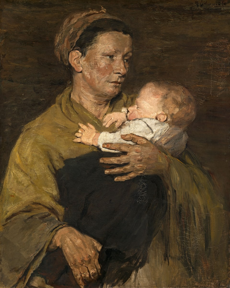 Ein Ölgemälde in Brauntönen zeigt eine Bäuerin, die ein junges Kind auf dem Arm hält.