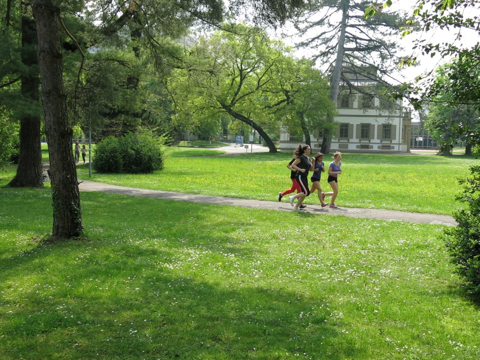Vier Schülerinnen joggen im Park.