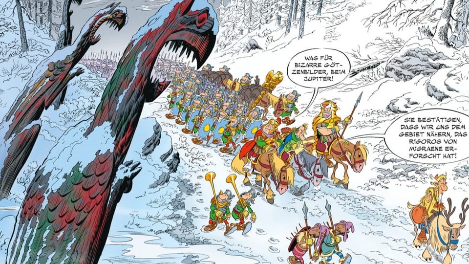 Eine Illustration zeigt eine Armee im Schnee wandern.