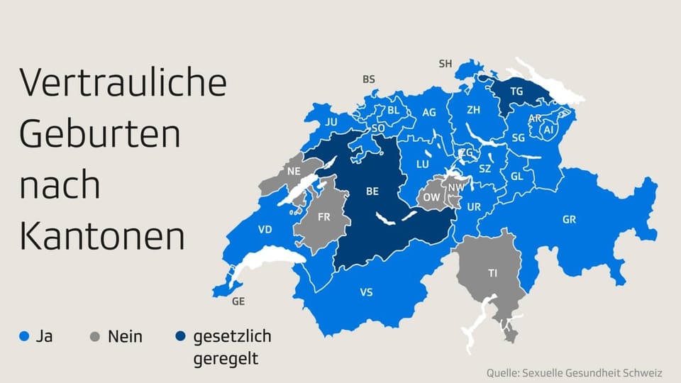 Schweizer Karte mit eingezeichneten Kantonen, die vertrauliche Geburten anbieten. Alle ausser FR/NE/OW/NW/TI