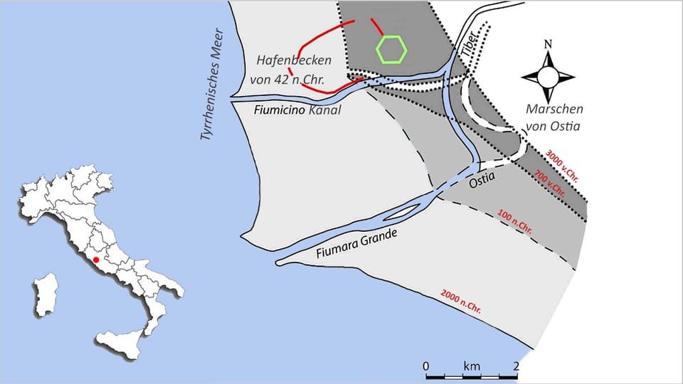 Eine Karte zeigt die verschiedenen Stufen der Verlandung um die Mündung des Tibers.