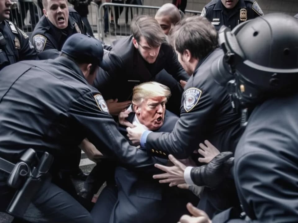 Trump wird von mehreren Polizisten verhaftet.
