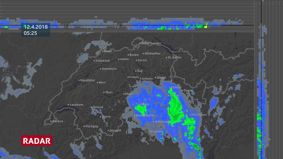 Ein Radarbild zeigt Niederschlag im Tessin und in grossen Teilen des Kantons Graubünden.