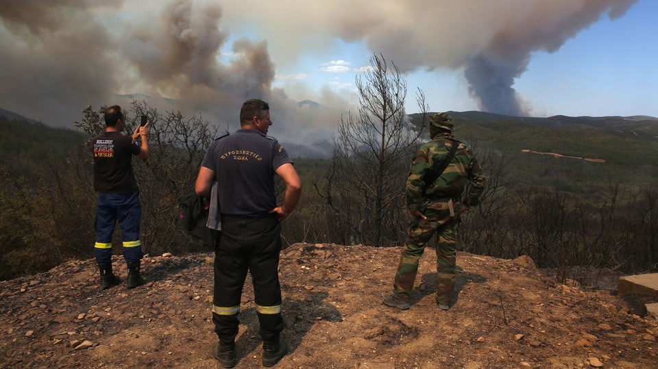 Einsatzkräfte beobachten die Entwicklung der Feuer im Dadia-Nationalpark.