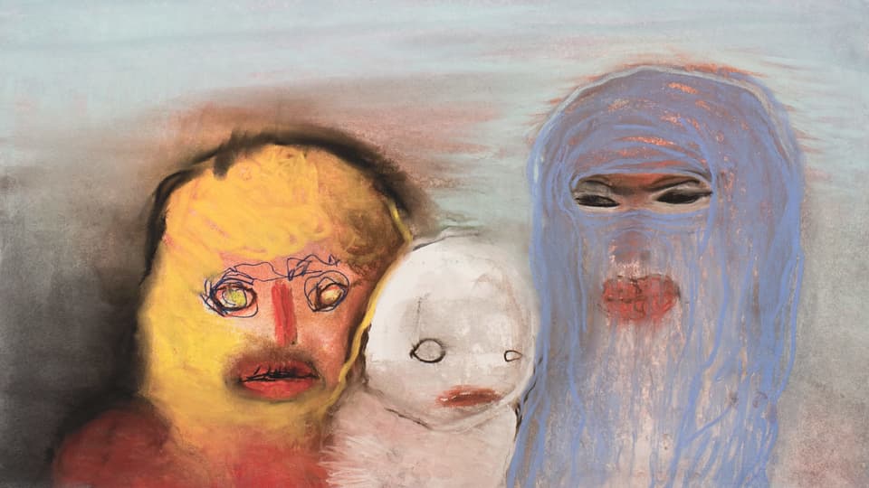 Drei Figuren von tierischer ANmutung: Gemälde der Schweizer Künstlerin Miriam Cahn.