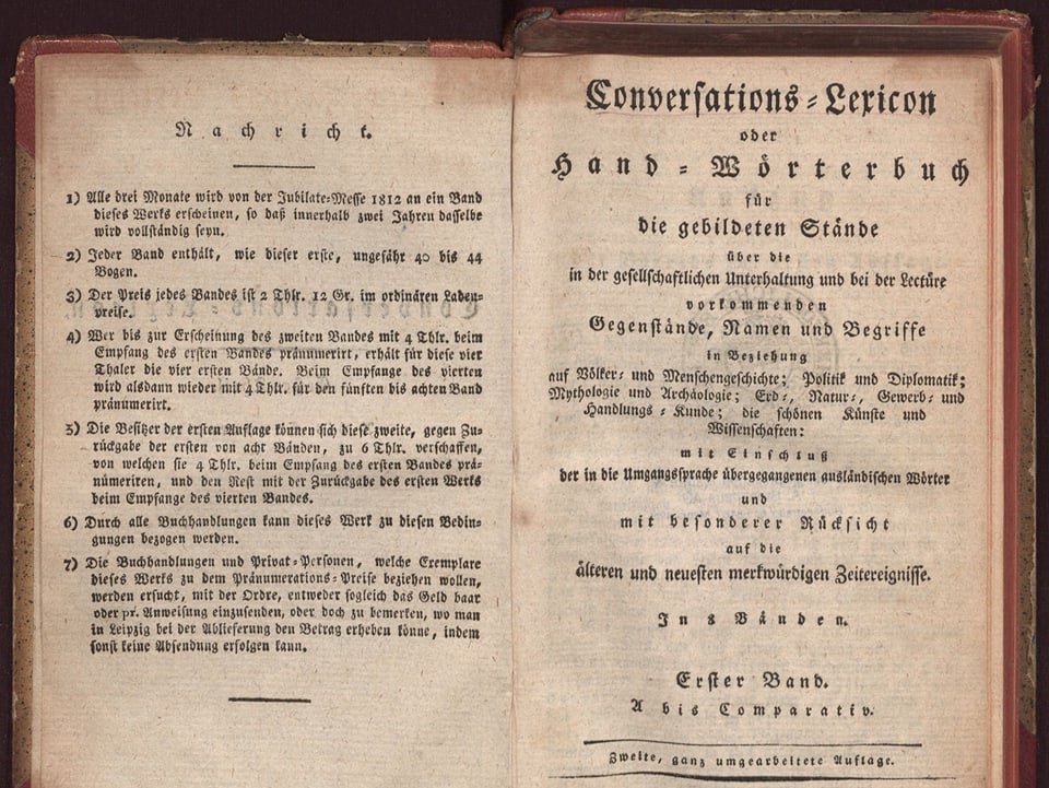 Das Conversations-Lexicon von F. A. Brockhaus. Titelblatt des 1. Bands aus dem Jahr 1812.