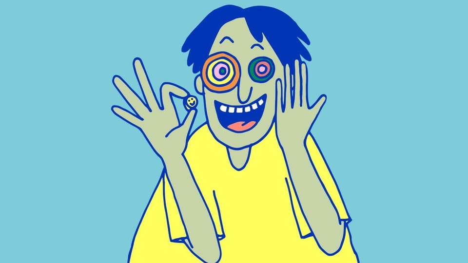 Illustration einer Figur, die in der Hand eine Pille hält und mit farbigen Ringen um die Augen übermässig stark lacht.
