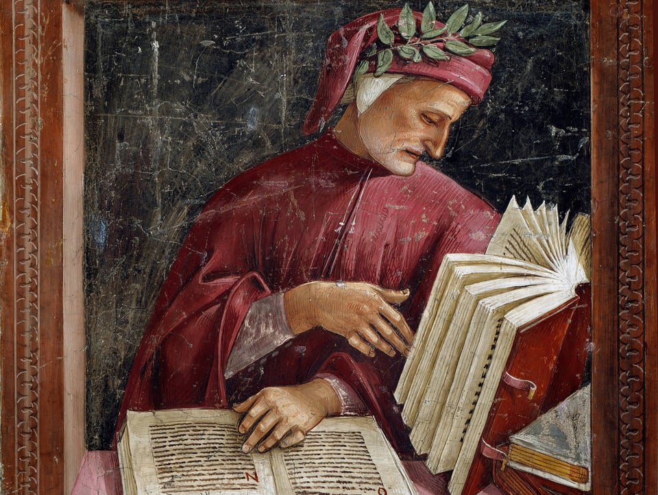 Der Dichterfürst Dante Alighieri liest in einem Buch.
