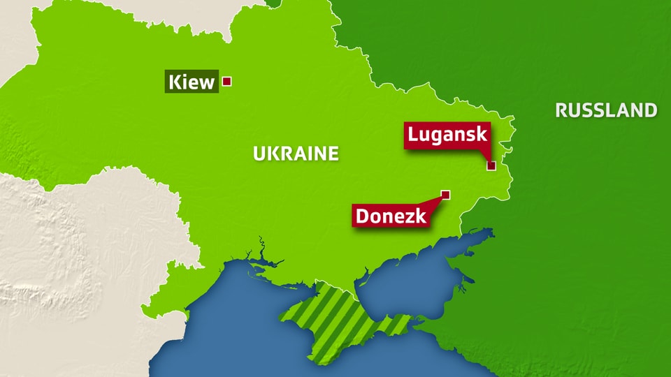 Karte der Ukraine mit Kiew, Donezk und Lugansk eingezeichnet.