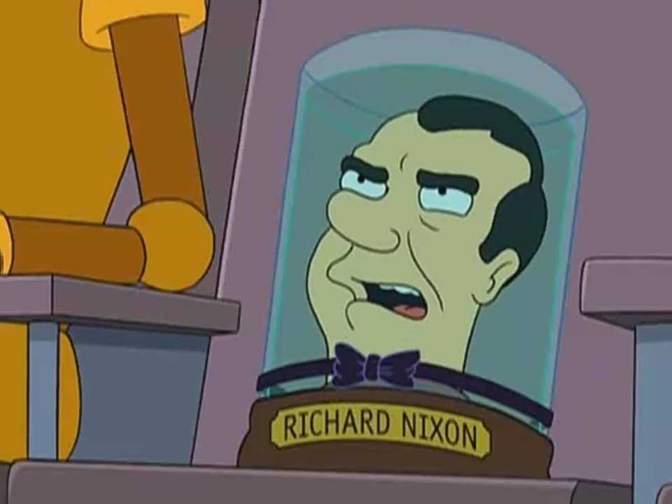 Der Kopf des Präsidenten Nixon steckt unter einer Glasglocke, die mit dessen Namen ausgeschrieben ist. 