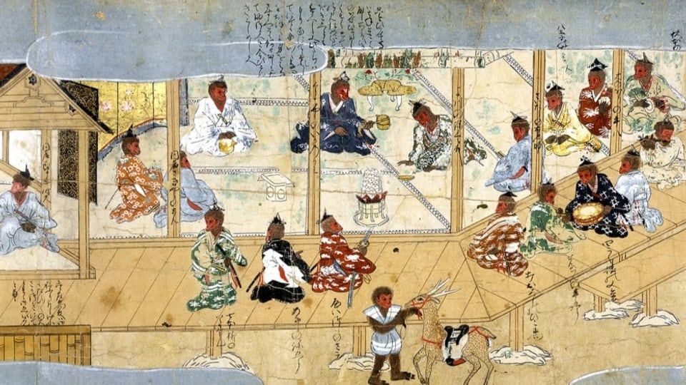 Japanische Zeichnung eines Hauses mit zahlreichen Menschen, die sitzen.