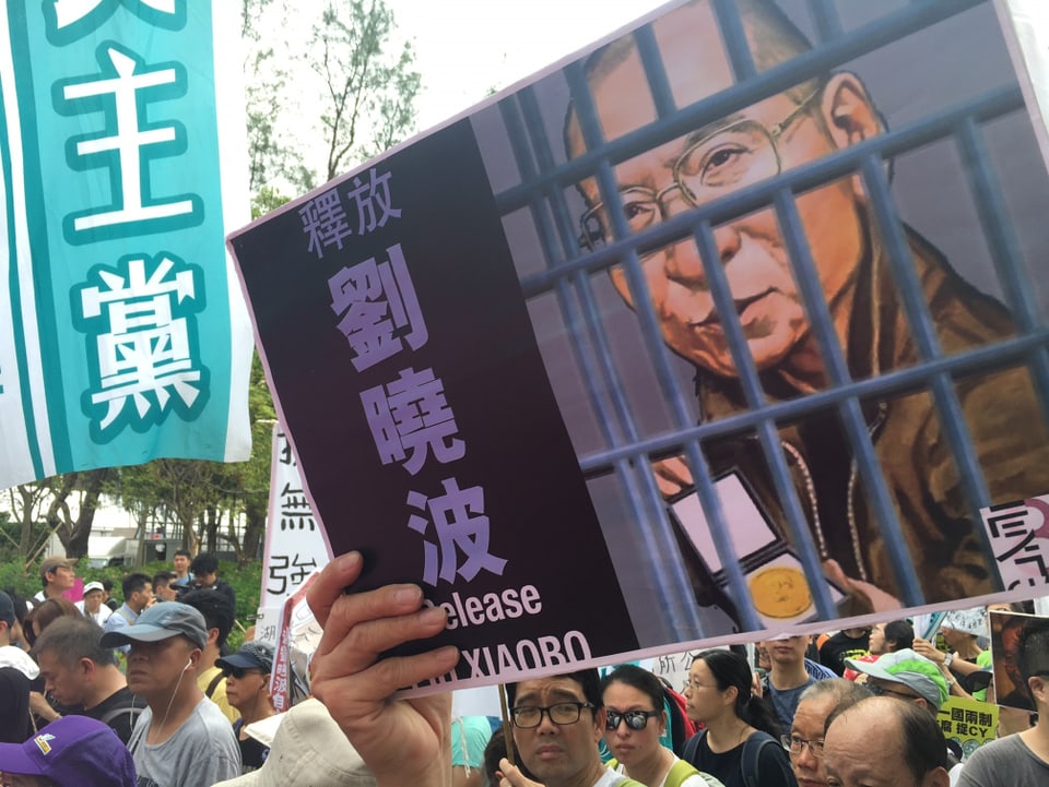 Ein Demonstrant hält ein Plakat mit dem Bild des schwer krebskranken Bürgerrechtler Liu Xiaobo in die Höhe. (srf)