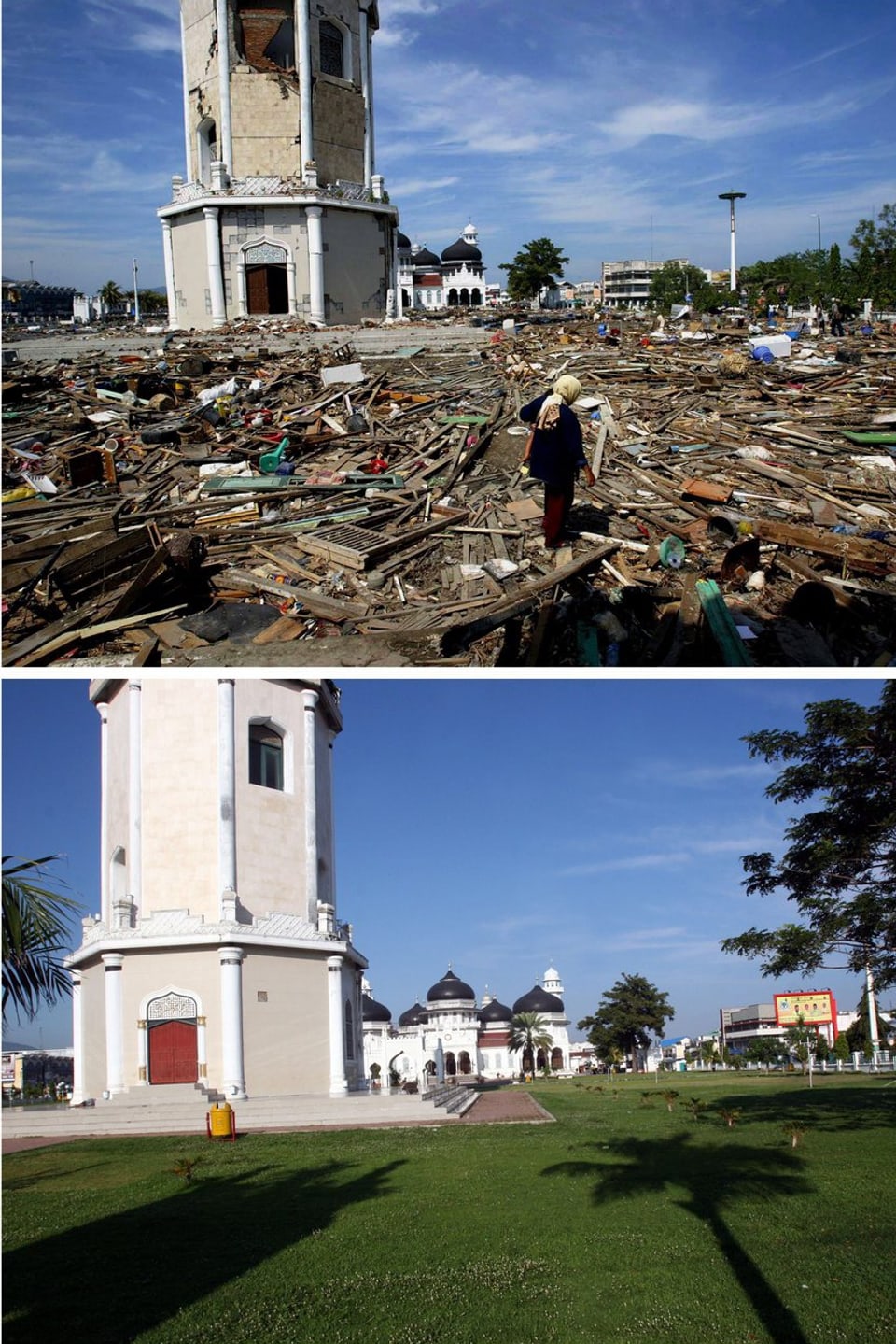 Die zerstörte Baitulrahman Moschee in banda Aceh wenige Stunden nach dem Tsunami und fünf jahre später. (keystone)