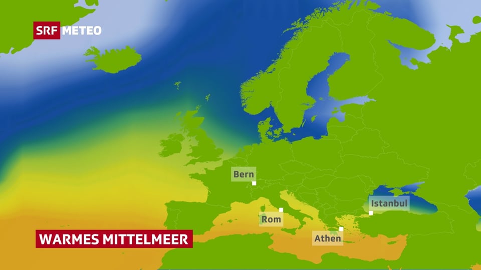 Die Karte zeigt die Temperaturen der Gewässer rund um Europa.