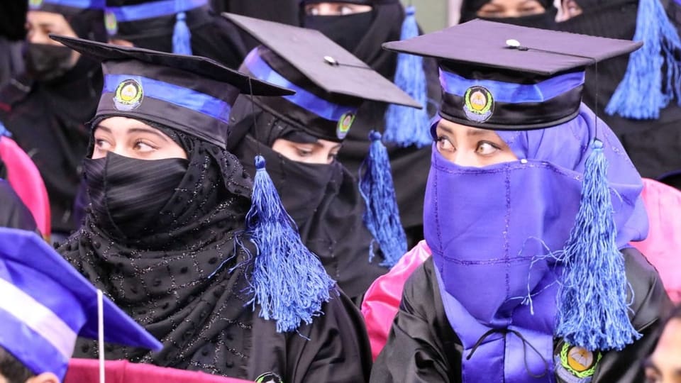 Verhüllte Frauen mit klassischen Uni-Abschluss-Hüten