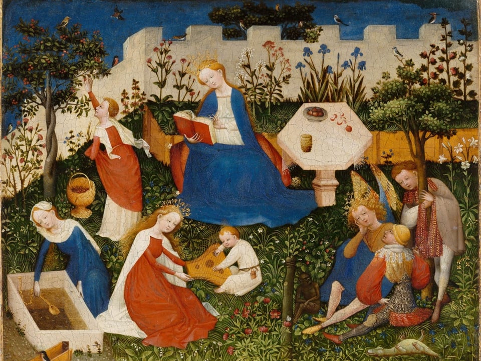 Ein Gemälde, auf dem eine mittelalterlich Gartenszenerie mit einem Dutzend verlustierenden Menschen aufgemalt ist.