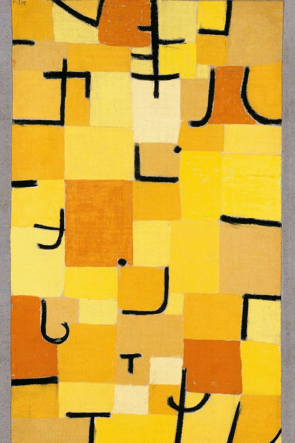 Ein abstraktes Bild von Paul Klee: gelbe Felder mit schwarzen Strichen und Punkten.