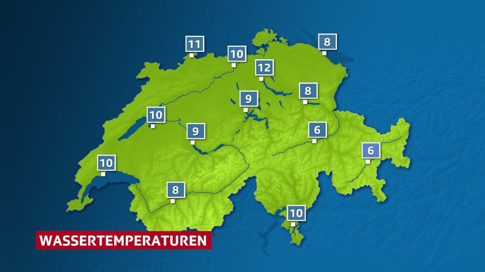 Die Schweizer Karte zeigt die Temperaturen von verschiedenen Gewässern.