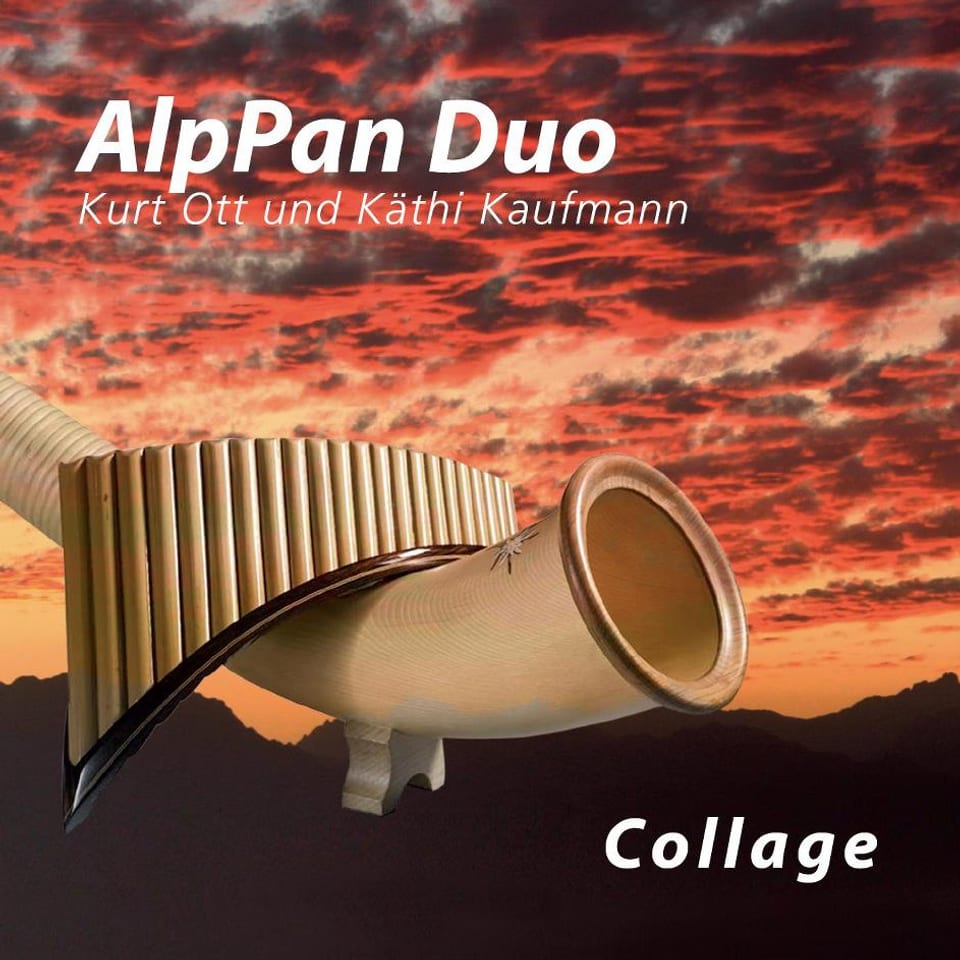 Eine Panflöte liegt quer über einem Alphorn auf dem Cover zum Album «Collage» vom AlpPan Duo.