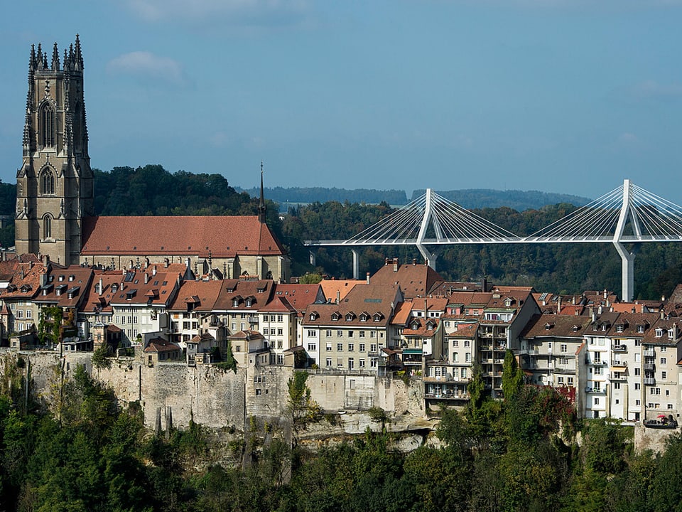 Die Altstadt von Freiburg im Vordergrund, im Hintergrund die Poyabrücke.