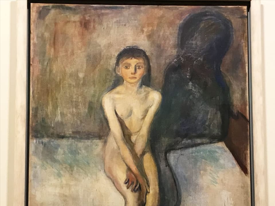 Gemälde mit einem Mädchen auf einem Bewtt.