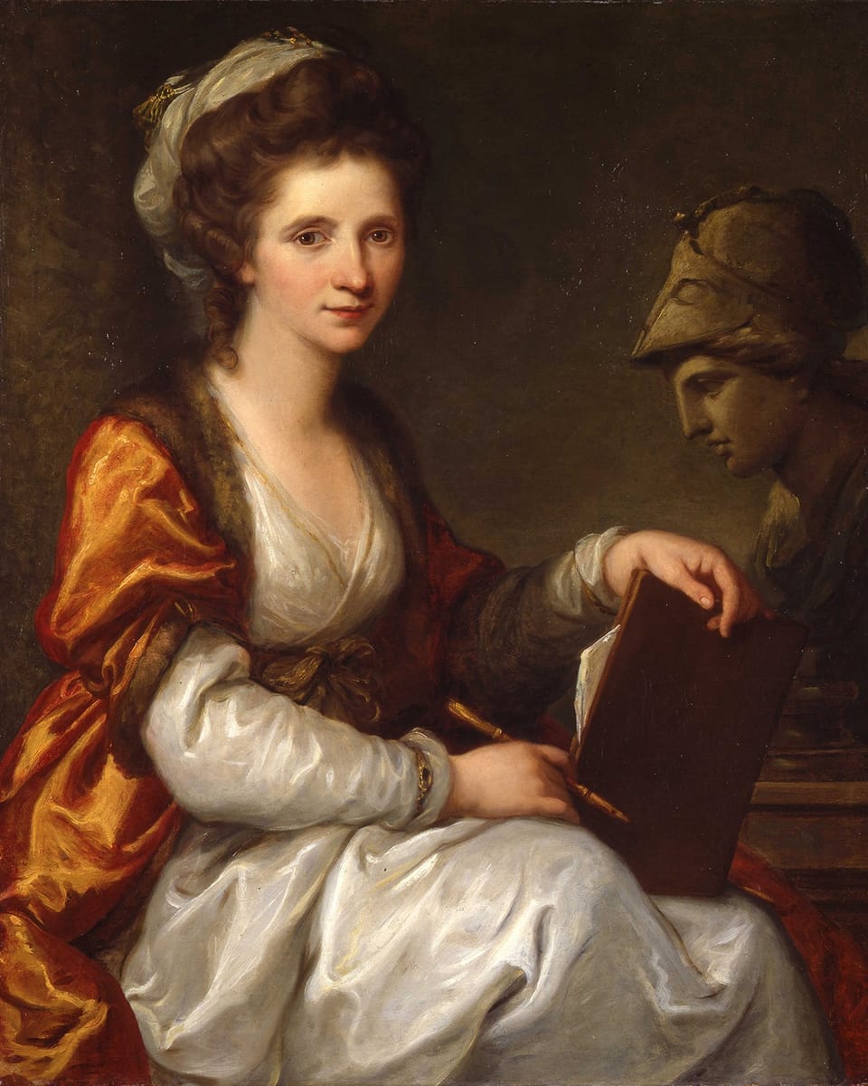 Ölgemälde einer Frau mit historischer, adeliger Tracht. In der Hand hält sie eine Dokumentenmappe und einen Stift