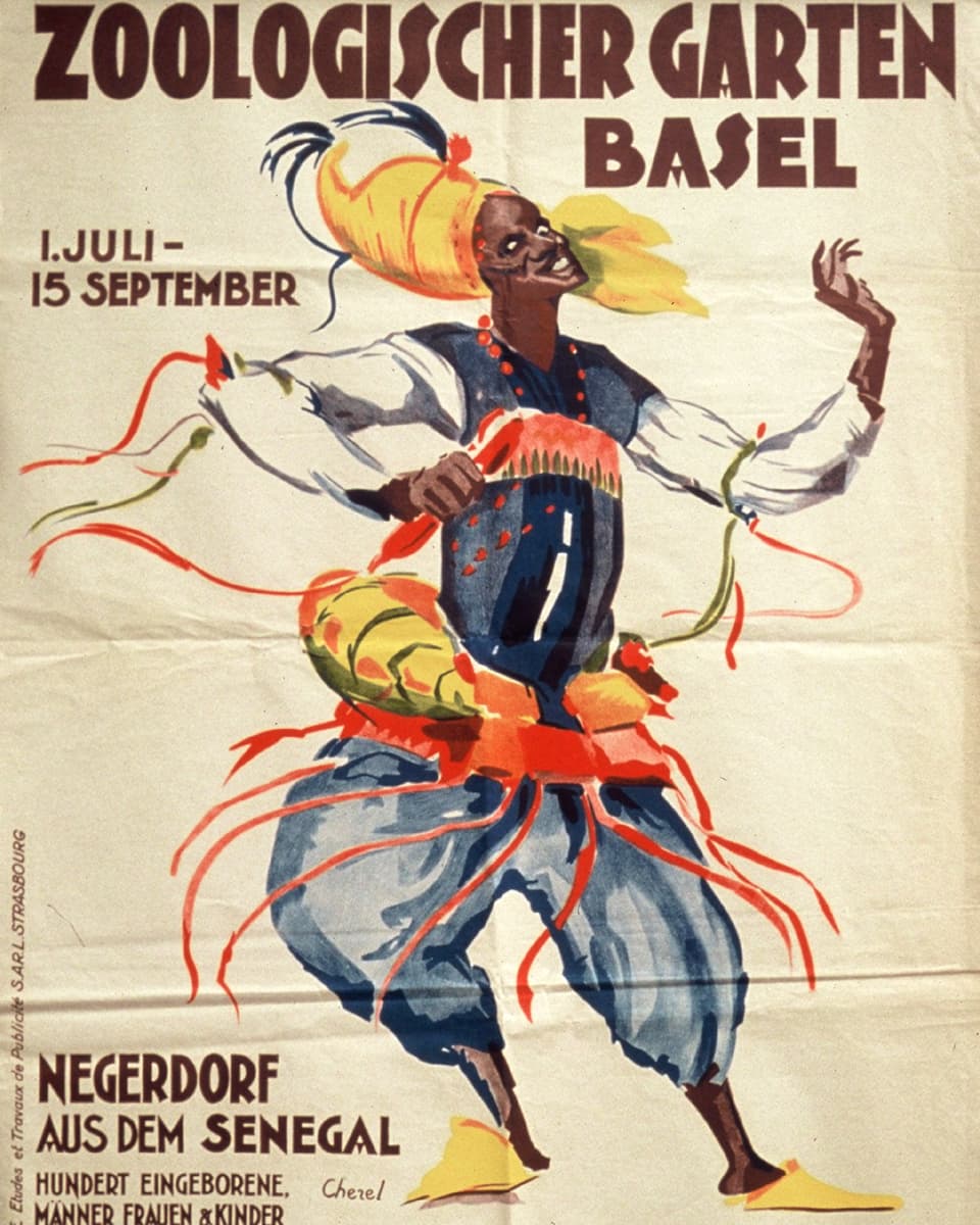Plakathinweis für eine Veranstaltung in Basel: Eine schwarze Frau tanzt in bunten Kleidern.