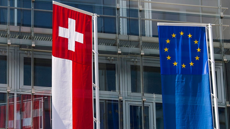 Schweizer Fahne (links), EU-Fahne, im Hintergrund ist eine Hausfassade erkennbar