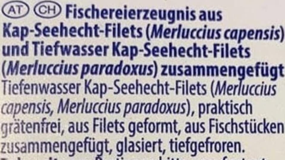 Inhaltsangabe auf Rückseite der Fischfilet-Verpackung