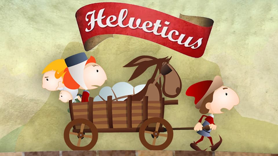 Helveticus: Das gezeichnete Logo von Helveticus zeigt eine Familie in einem Karren mit Esel, die von einem Mann gezogen werden.