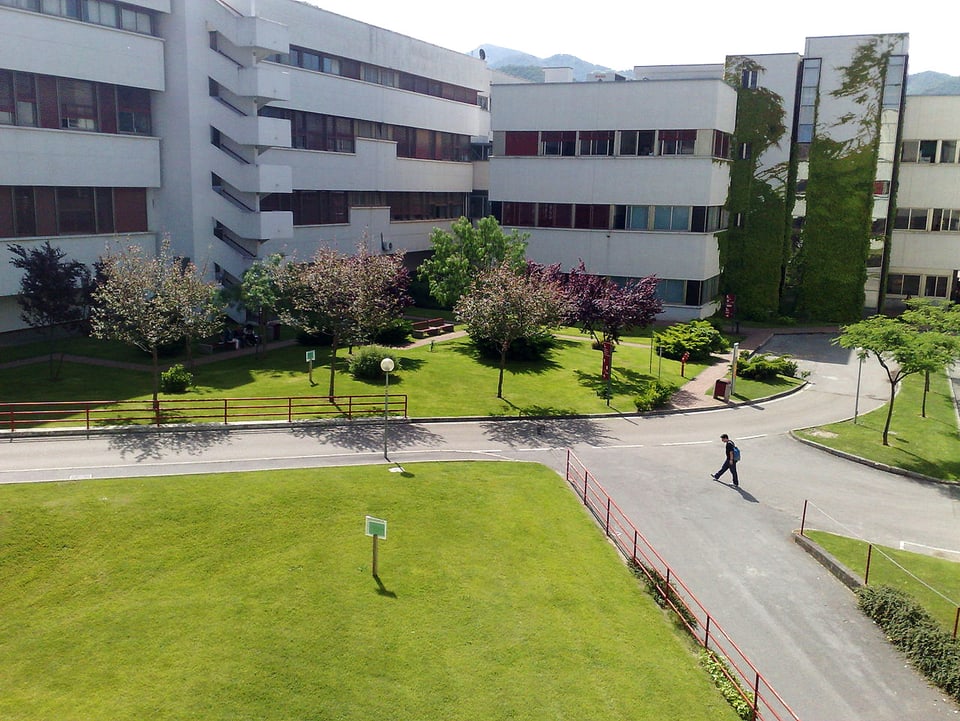 Ein Universitätscampus, auf dem mehrstöckige Flachdach-Häuser in weiss stehen. 