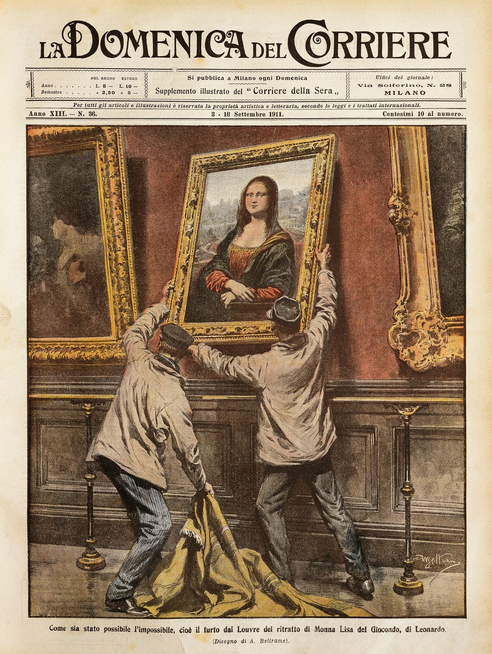 Titelblatt einer Zeitschrift mit einer Abbildung, auf der zwei Männer das Porträt der Mona Lisa abhängen. 