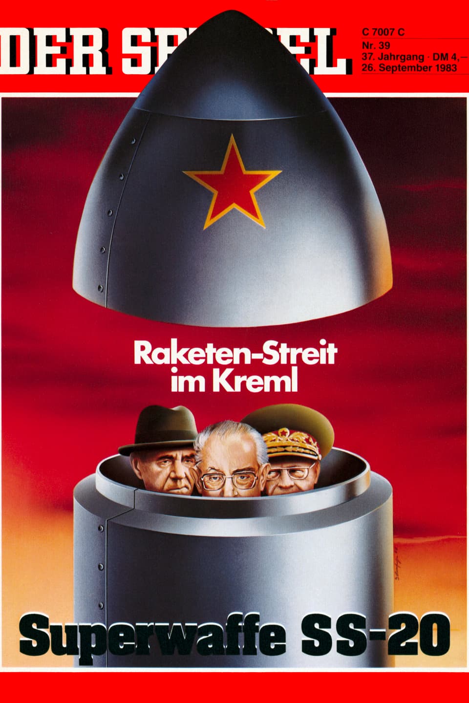 Collage: Rakete, in welcher sowietische Politiker sitzen. 