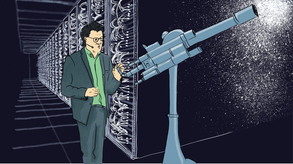 Illustration eines Mannes, der vor einem Teleskop steht, das in das Weltall gerichtet ist.