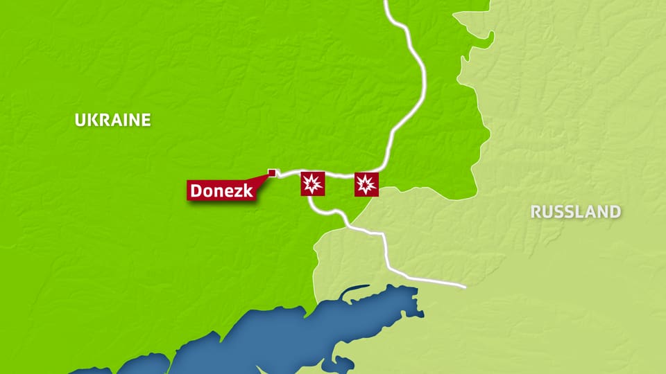 Kartenausschnitt, auf dem Donezk und wichtige Strassen in der Region eingezeichnet sind.