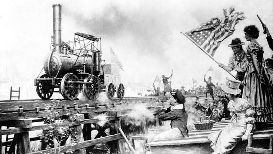 Innovation 1829: Die erste US-Dampflok «Stourbridge Lion» Die erste US-Dampflok namens «Stourbridge Lion» fährt auf Gleisen vorbei an neugierigen Zuschauern.