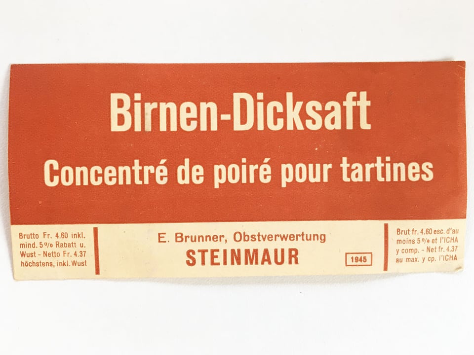 Rot-weisse Birnel-Etikette.