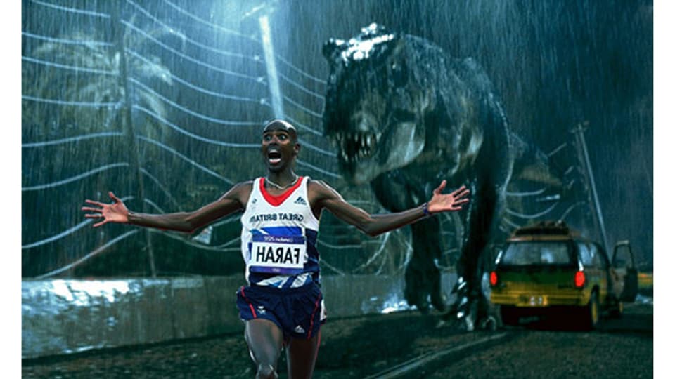 Auf dieser Bildmontage läuft Mo Farah vor einem Tyrannosaurus Rex davon.