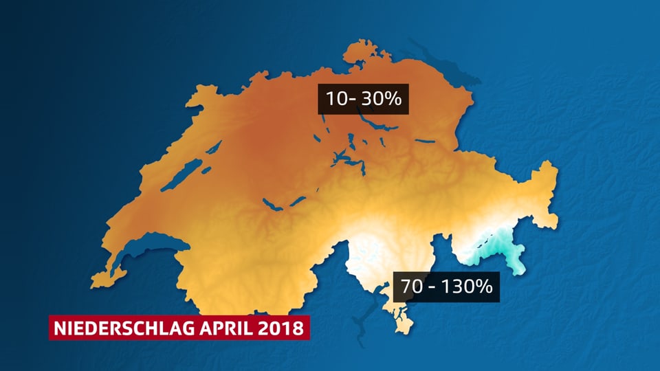Schweiz mit Niederschlagsverteilung. Die braunen Farbtöne auf der Alpennordfseite sind mit 10 - 30% beschrieben.