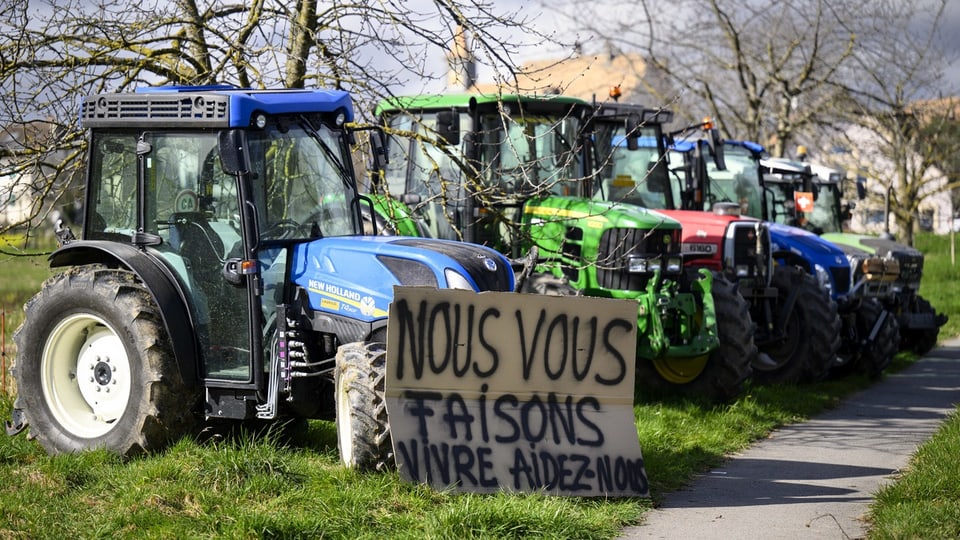 Mehrere Traktoren sind entlang eines kleinen Weges in ländlichem Gebiet aufgereiht. Davor ein Karton mit einer Forderung