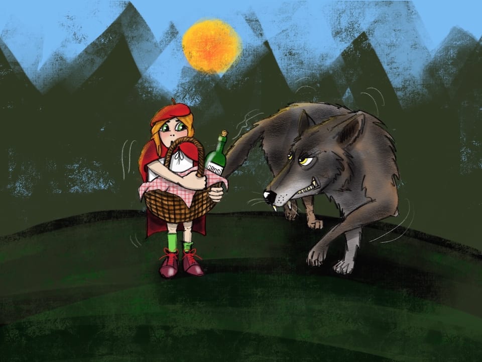 Böser Wolf und Rotkäppchen mit Korb im Arm. 
