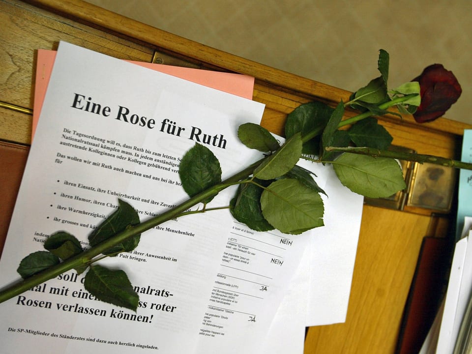 Eine Rose liegt auf einem Arbeitstisch im Nationalratssaal über einer Papier. (keystone)