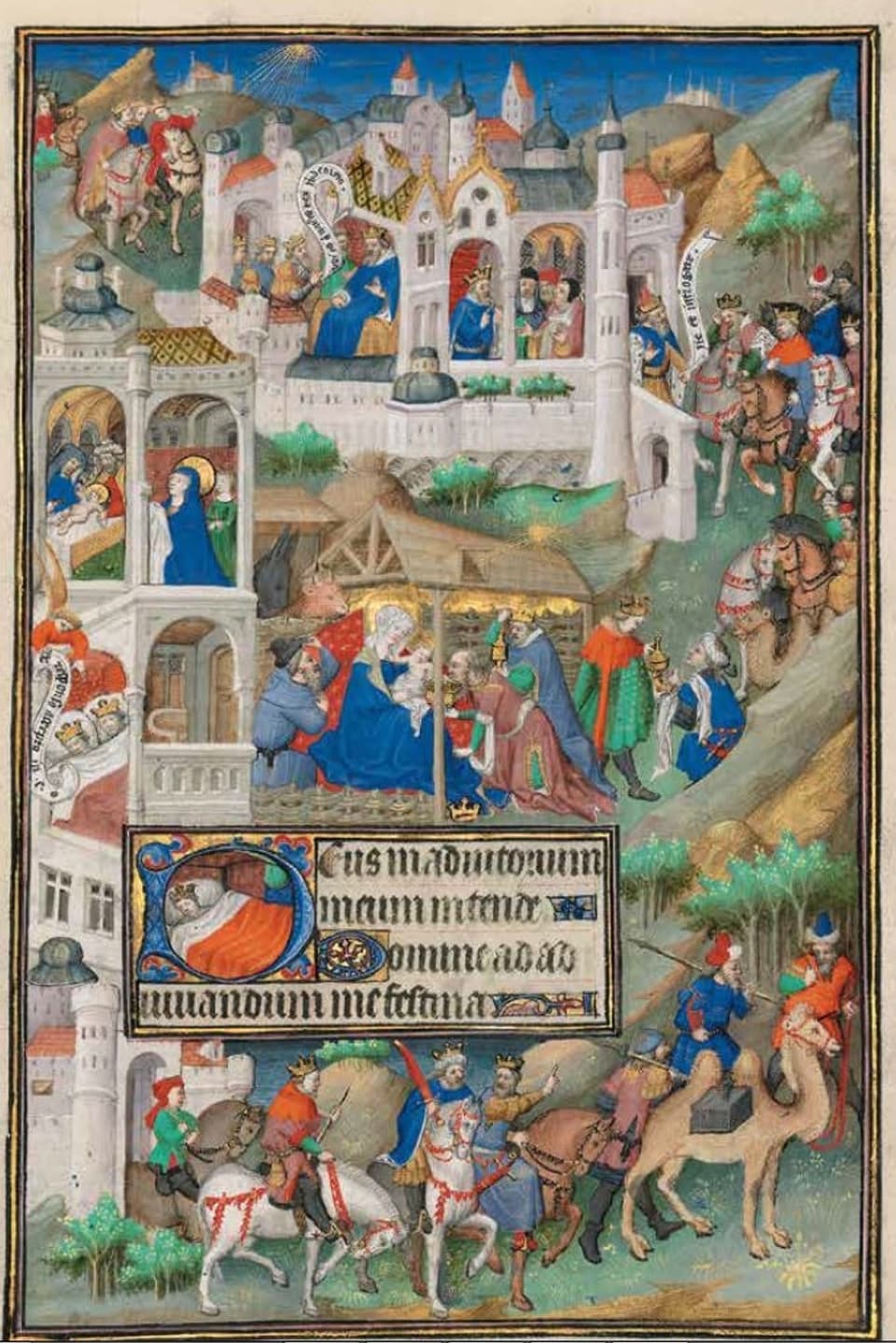 Die Bildtafel stellt den Besuch der heiligen drei Könige bei Josef und Maria dar. 