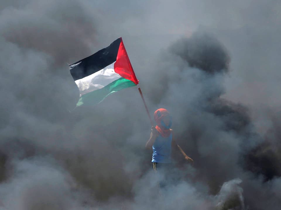 Ein junger Palästinenser hält eine Fahne hoch. Er wird von Rauch umhüllt.