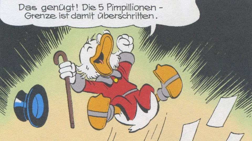 Dagobert Duck freut sich über sein Geld.