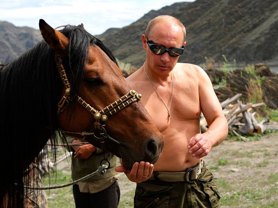 Putin steht mit nacktem Oberkörper neben einem Pferd. (3.7.08)